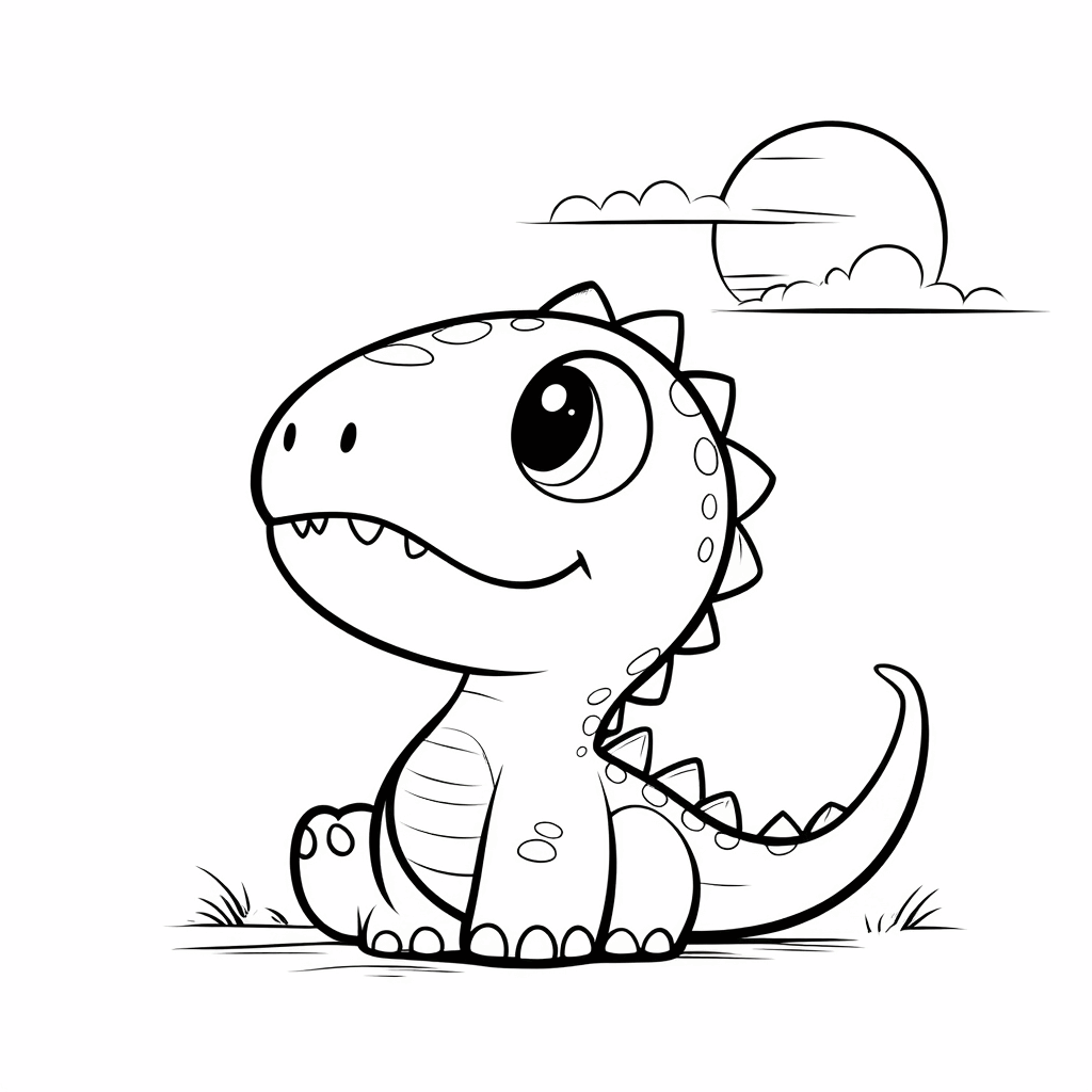 Dinosaurus duduk di tanah, memandang matahari terbenam di kejauhan, ekor melengkung lembut