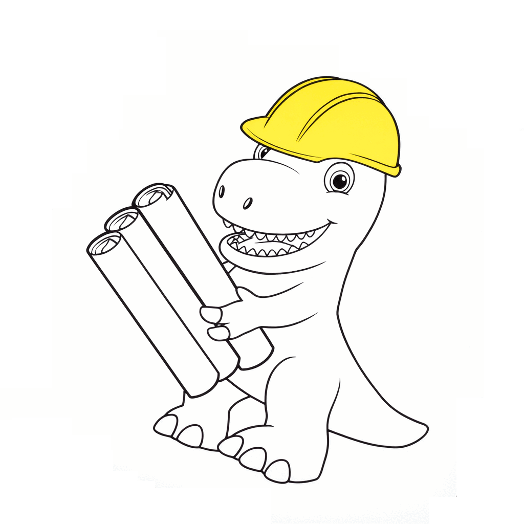 黄色いヘルメットをかぶった恐竜が、設計図を持って嬉しそうに笑っている