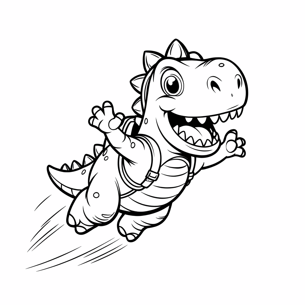 ديناصور صغير يرتدي حقيبة نفاثة ويفتح ذراعيه أثناء الطيران في الهواء بسعادة