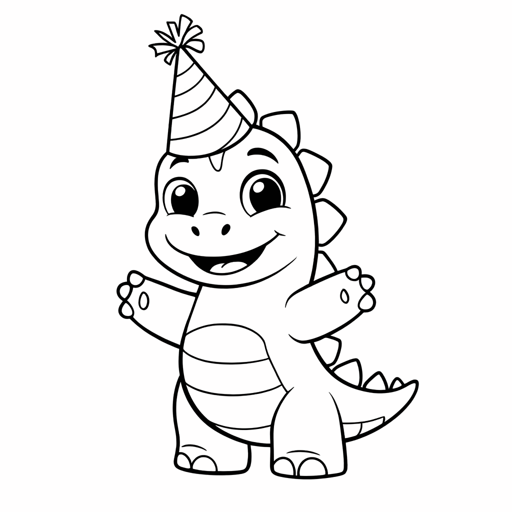 Ein kleiner Dinosaurier mit bunter Spitzpartyhut hebt fröhlich die Vorderkrallen