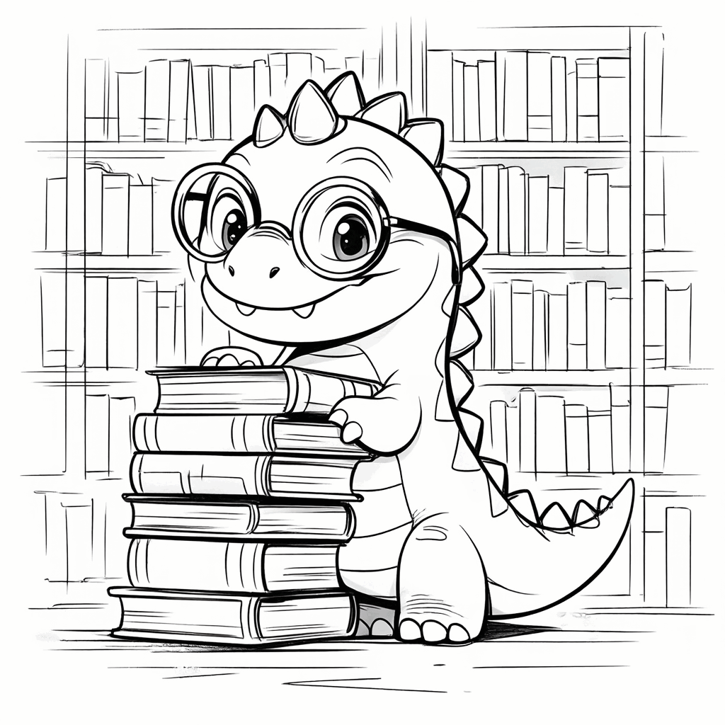 ديناصور صغير يرتدي نظارات مستديرة، يقف أمام رف الكتب حاملاً مجموعة من الكتب