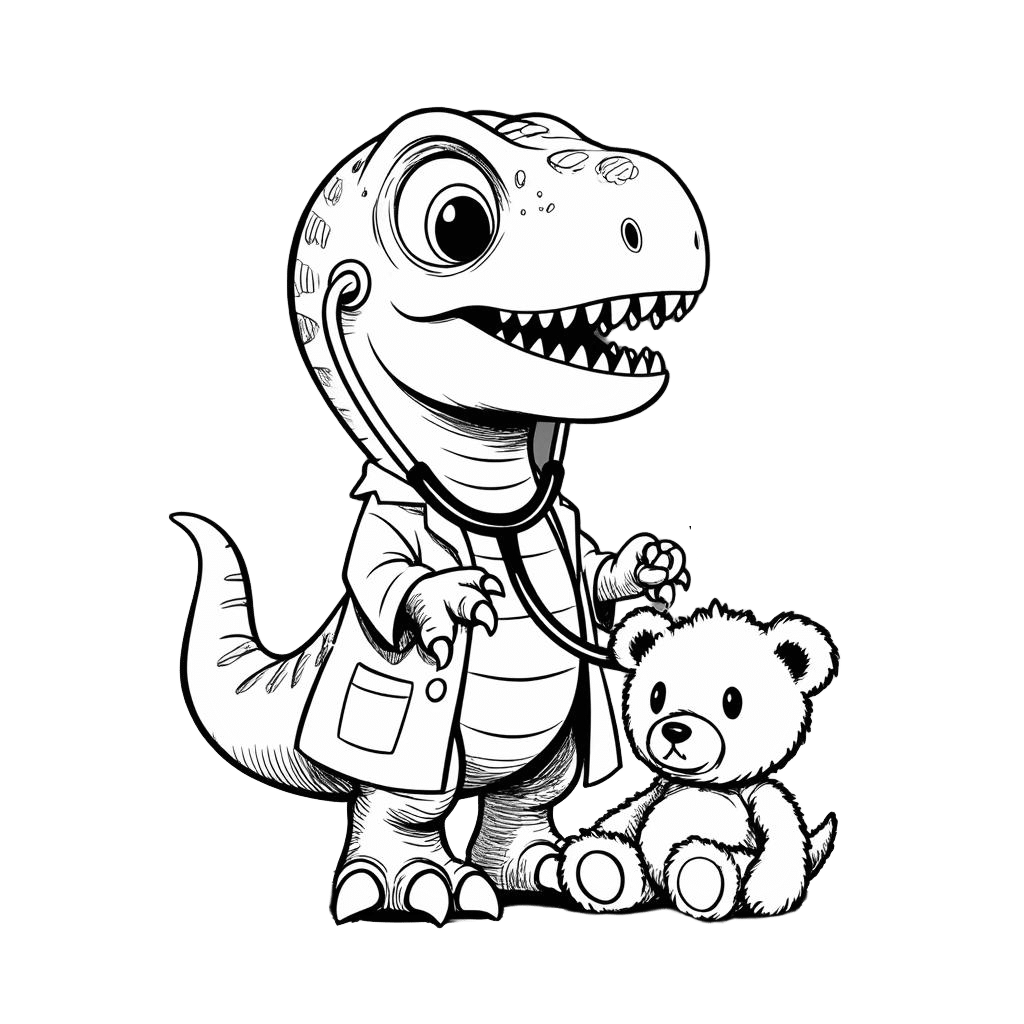 白衣を着て聴診器をかけた恐竜が、テディベアの健康診断をしている