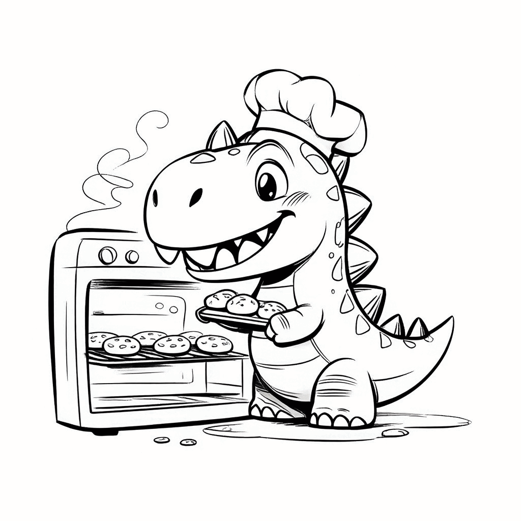 Ein kleines Dinosaurierchen trägt eine Kochmütze, steht auf Zehenspitzen vor dem Ofen und backt Plätzchen
