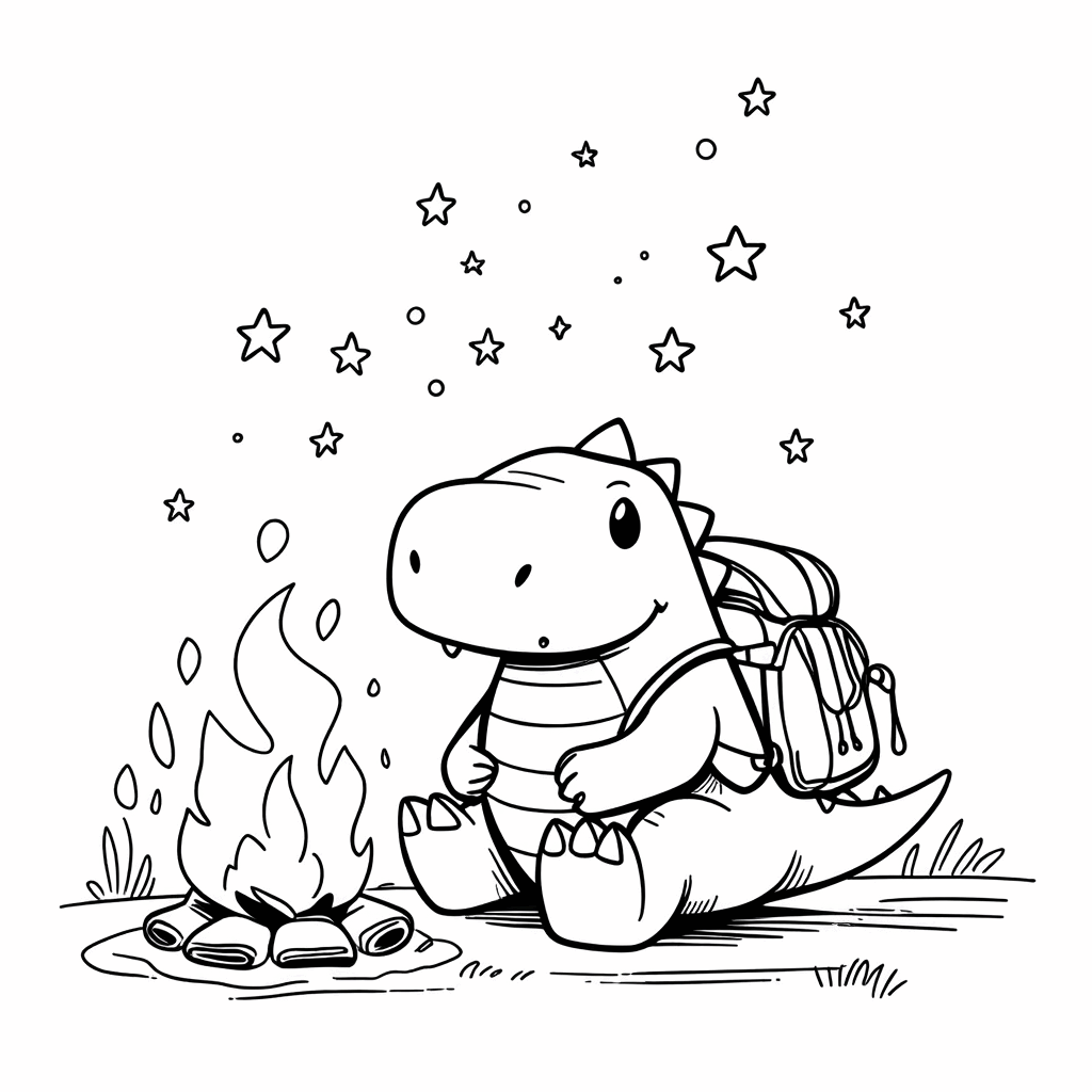 一隻小恐龍坐在篝火旁，仰望星空，背著露營包