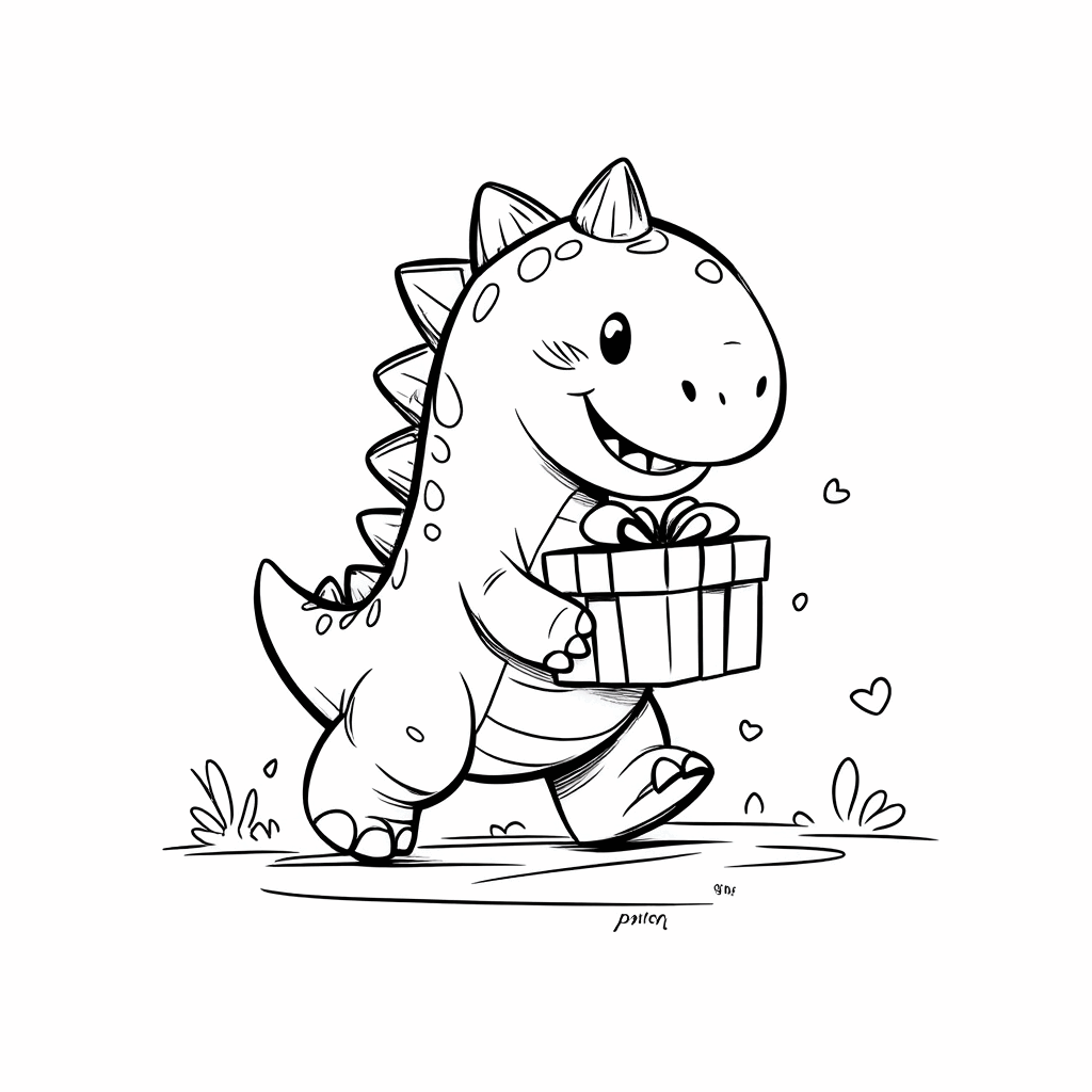 プレゼントボックスを抱えて嬉しそうに歩き、しっぽを上げている恐竜