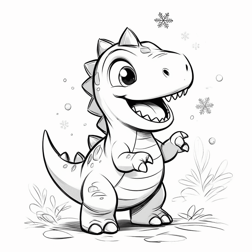 O dinossaurinho com a cabeça erguida, estendendo as patinhas para pegar flocos de neve, com a cauda levantada