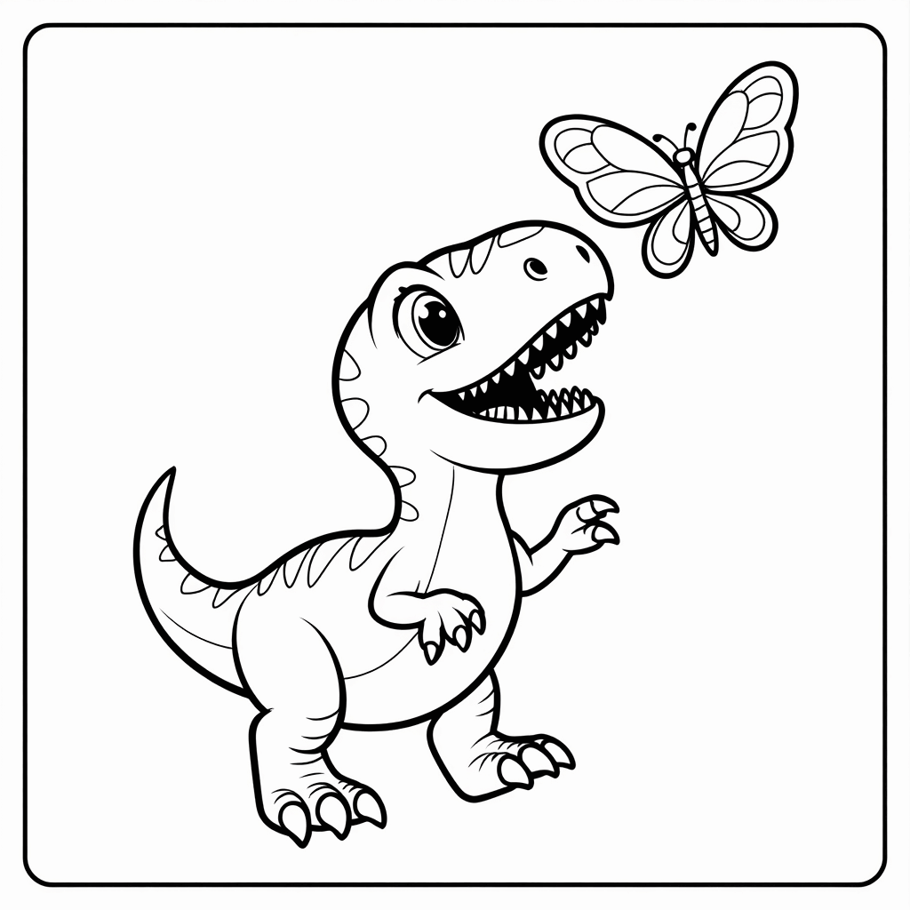 Der kleine Dinosaurier hebt den Kopf und jagt einem Schmetterling hinterher, Schwanz aufgestellt, Vorderpfoten erhoben und mit neugierigem Ausdruck