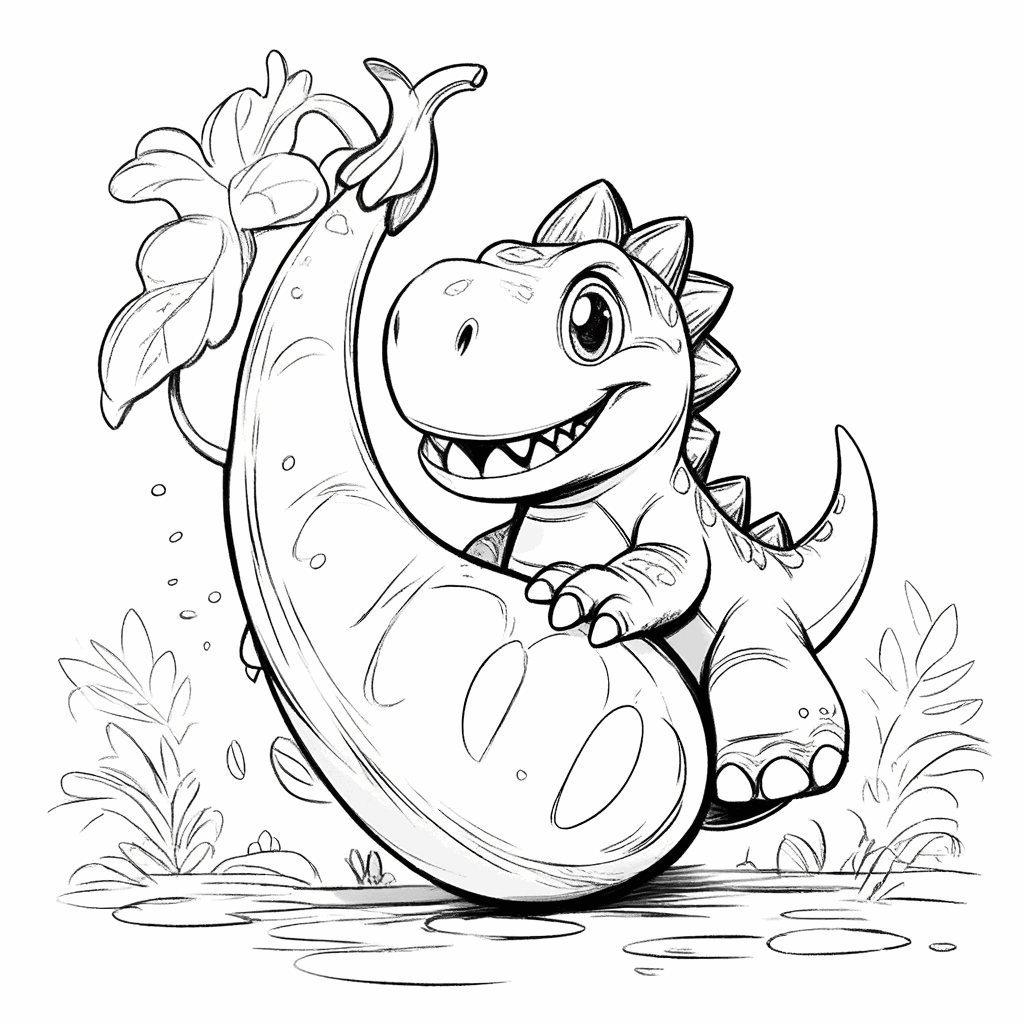 小さな恐竜が前足で巨大な豆のつるを登り、後ろ足で蹴り上げ、尾でバランスを取っている