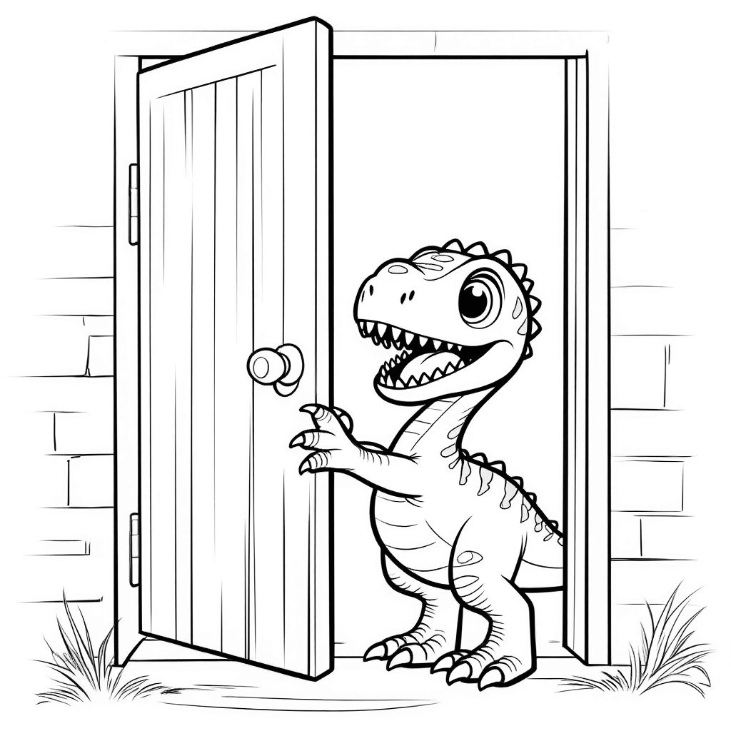 Un petit dinosaure poussant doucement une porte de pierre entrouverte avec ses pattes avant, regardant curieusement à l'intérieur