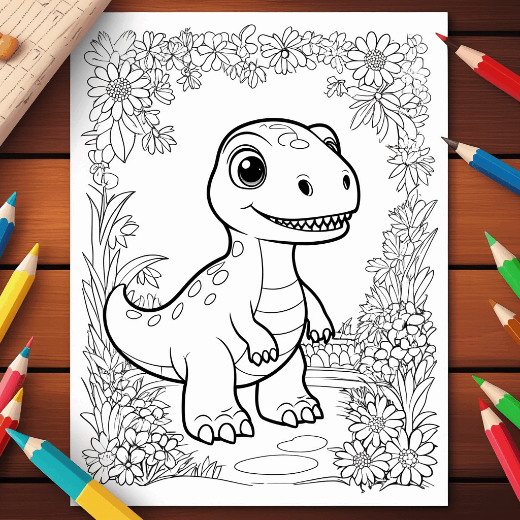 Le petit dinosaure, les yeux grands ouverts, se tient curieusement à l'entrée d'un jardin secret fleuri