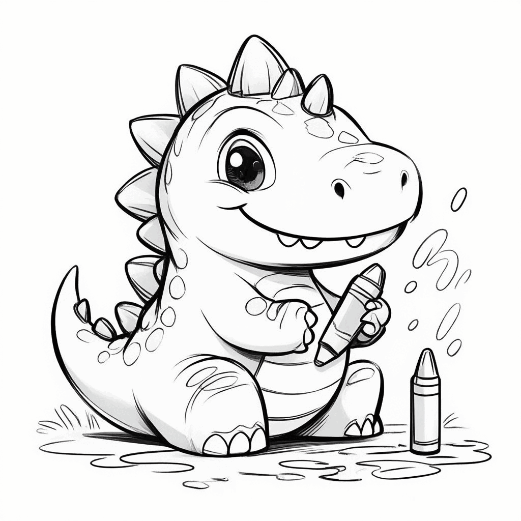 地面に座った恐竜が爪でクレヨンを握り、しっぽを丸めて真剣にお絵描き中