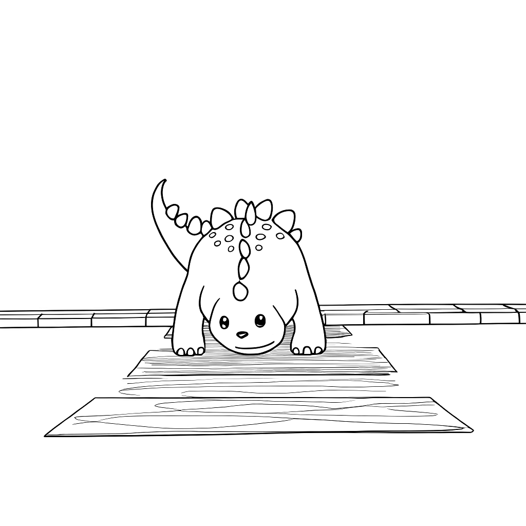 小さな恐竜がチョークで歩道に絵を描き、しっぽを立て、集中してうつむきながら創作している