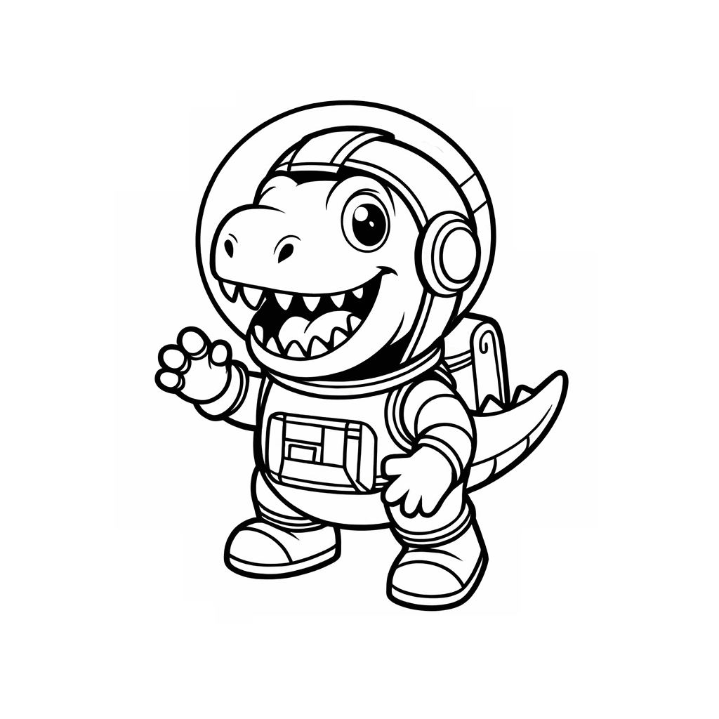 작은 공룡이 우주복을 입고 둥근 헬멧을 쓰며 기쁨에 겨워 작은 앞발을 흔들고 있다