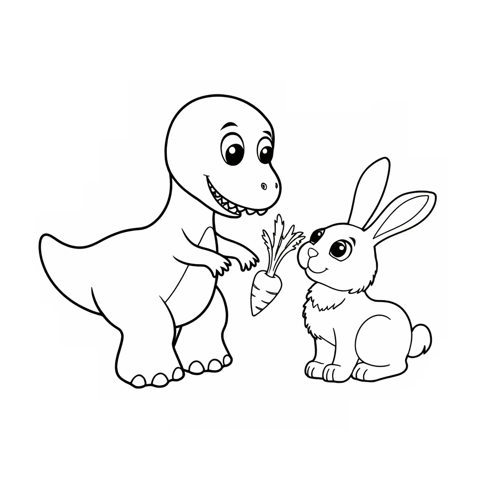 Динозаврик наклонился, чтобы угостить морковкой сидящего кролика, оба смотрят большими круглыми глазами