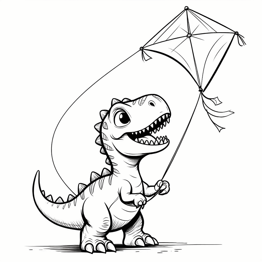 Ein kleiner Dinosaurier hebt den Kopf, zieht mit den Vorderpfoten an der Drachenleine, der Schwanz ist aufgestellt, der Drachen flattert im Wind