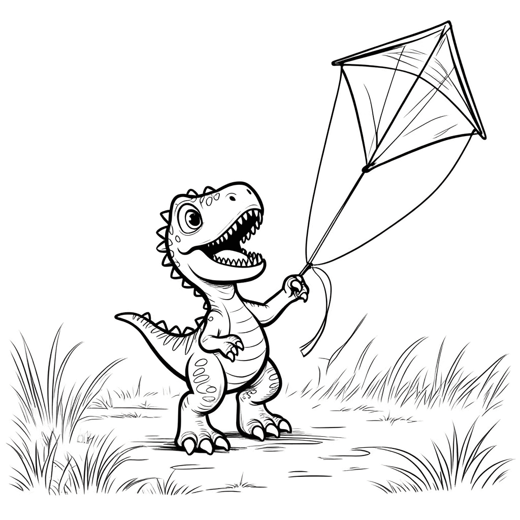 Ein kleiner Dinosaurier wirft den Kopf zurück, hält mit den Vorderpfoten die Drachenschnur und rennt über die sonnenbeschienene Wiese