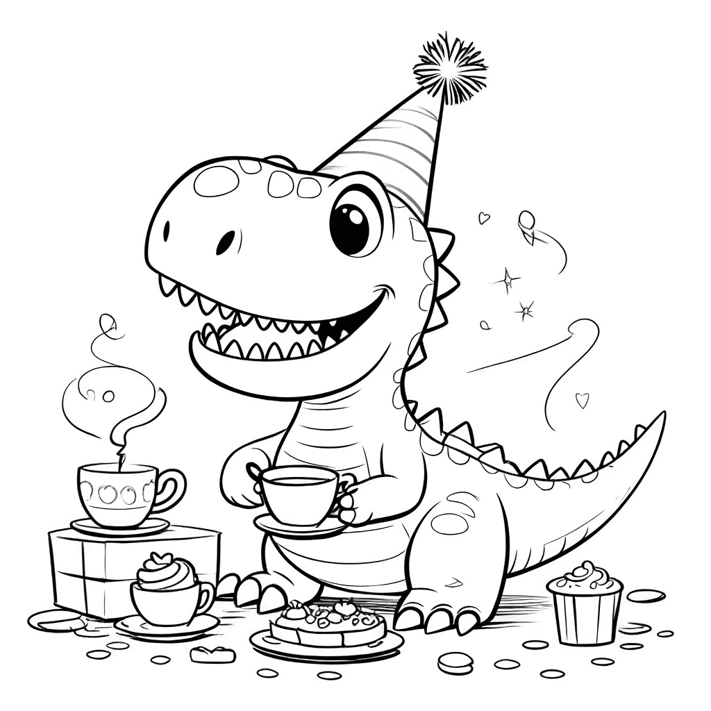 Pequeño dinosaurio con sombrero de fiesta sentado en una mesa levantando una taza de té