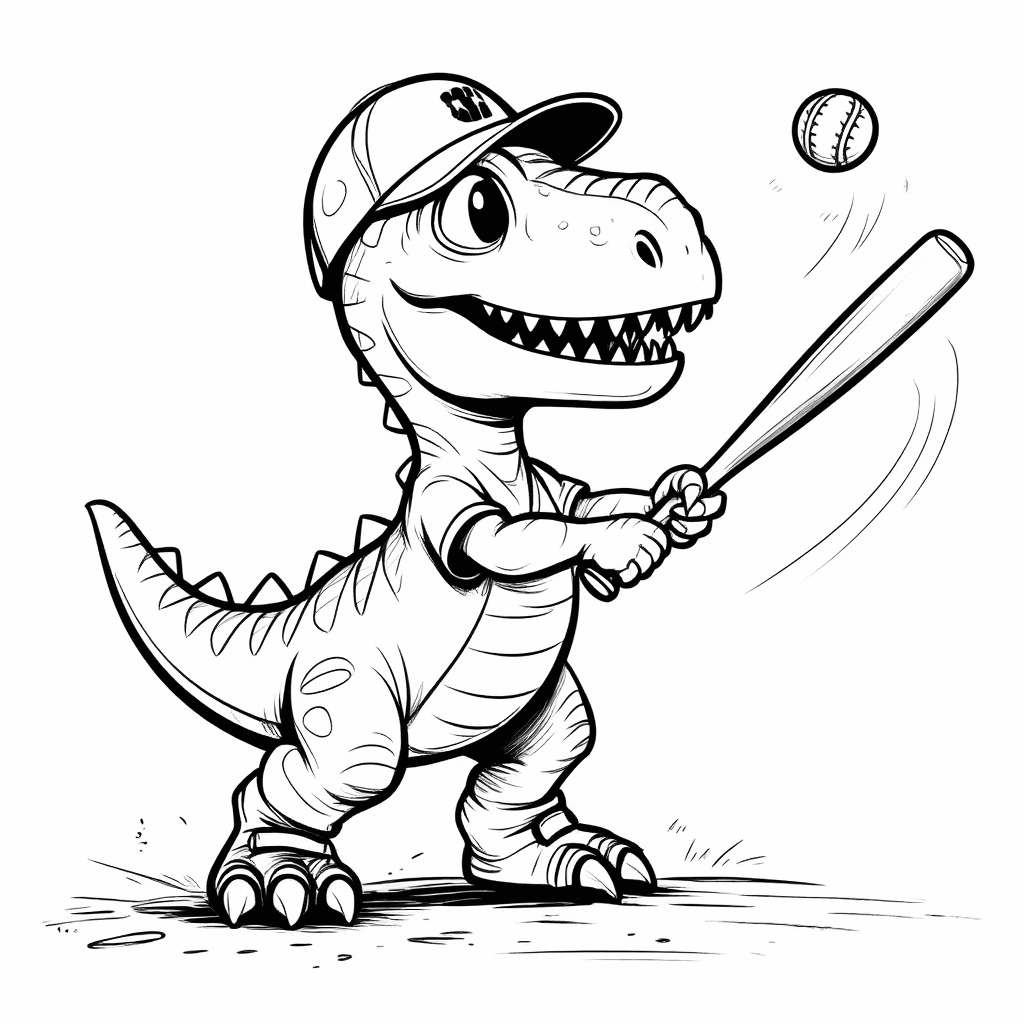 ديناصور صغير يضرب الكرة بعصا البيسبول، مع ذيله المرفوع، ويركز نظره على الكرة القادمة