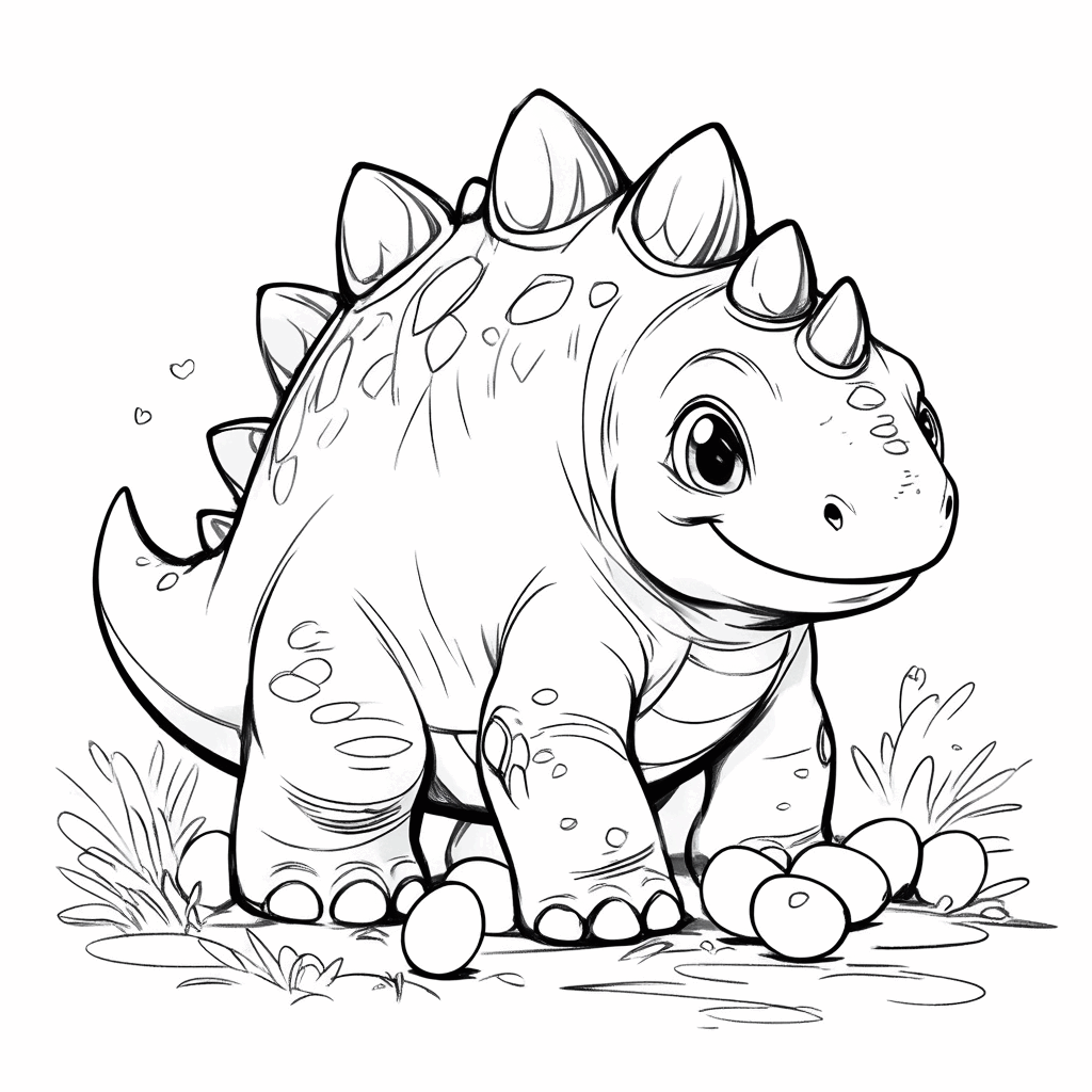 O dinossauro curvado procurando ovos de Páscoa, com a cauda erguida e olhos arregalados