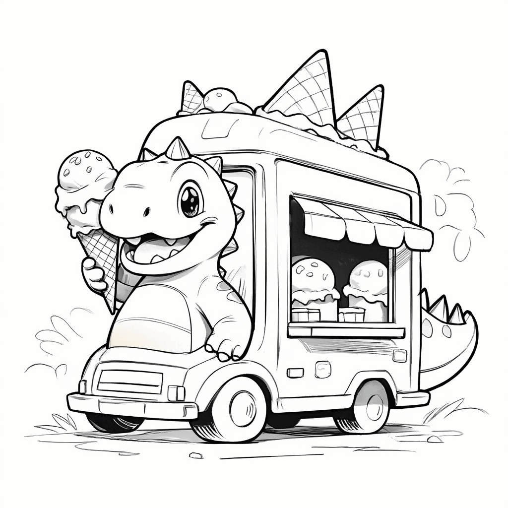 Der fröhliche kleine Dinosaurier steht neben einem Spielzeug-Eiswagen und lächelt mit einer Waffel in der Hand