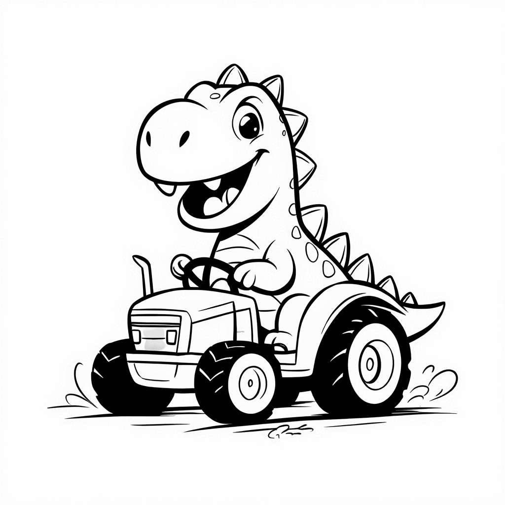 작은 공룡이 장난감 트랙터에 앉아 앞발로 핸들을 잡고 있다