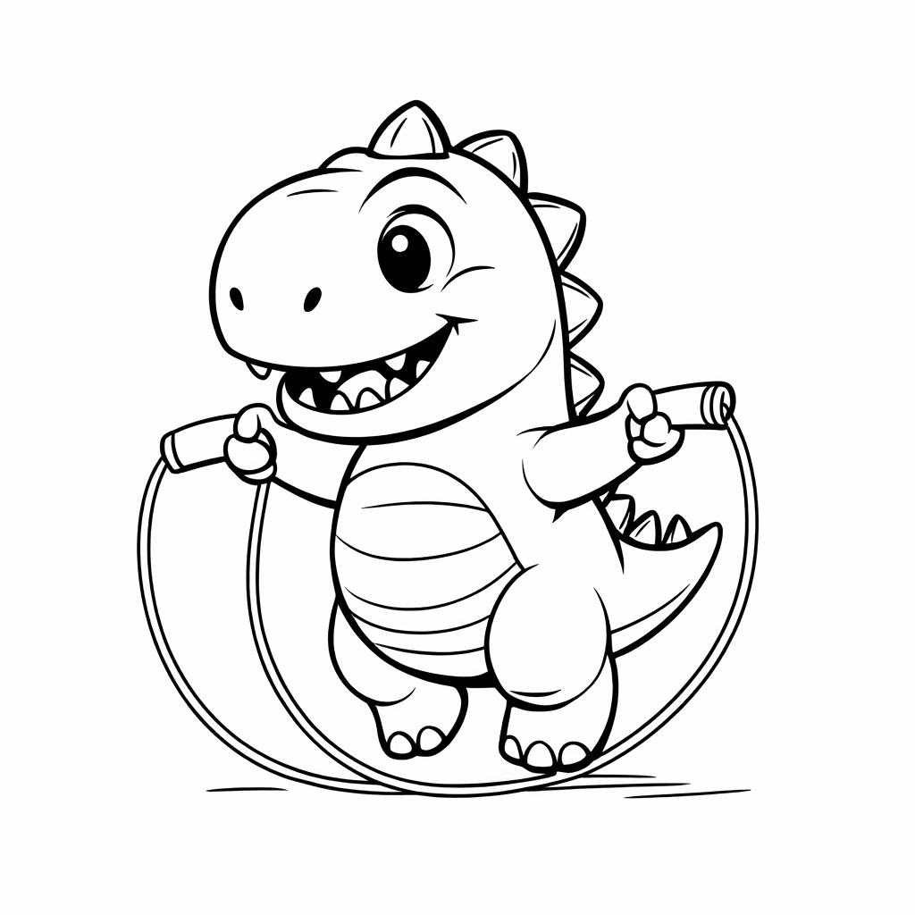 小さな恐竜が楽しそうに縄跳びをし、しっぽを立て、前足で縄の持ち手を握っている