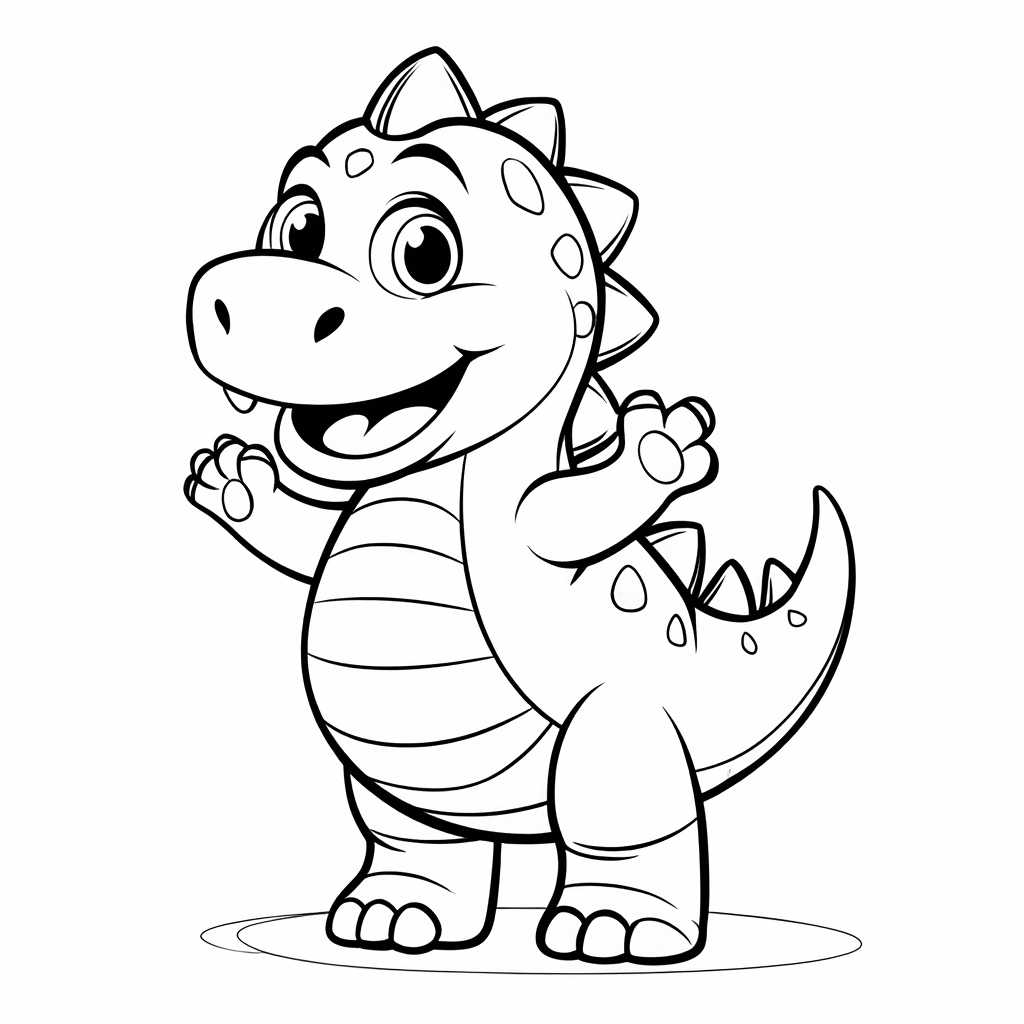 Le petit dinosaure porte des chaussettes rayées, lève joyeusement ses pattes avant avec la queue relevée