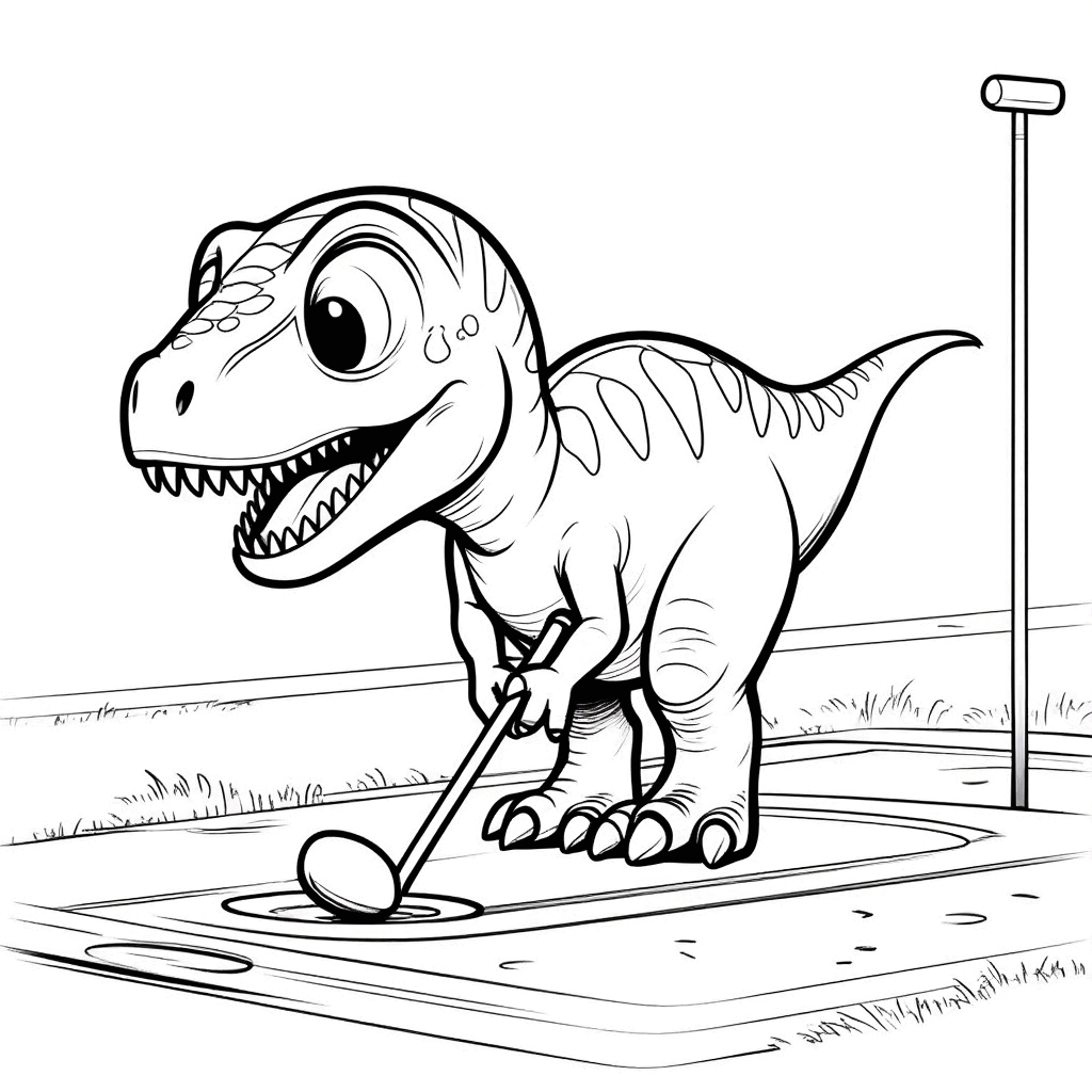 ミニゴルフコースで、しっぽをピンと立てながら集中してパットを打つ丸々とした恐竜