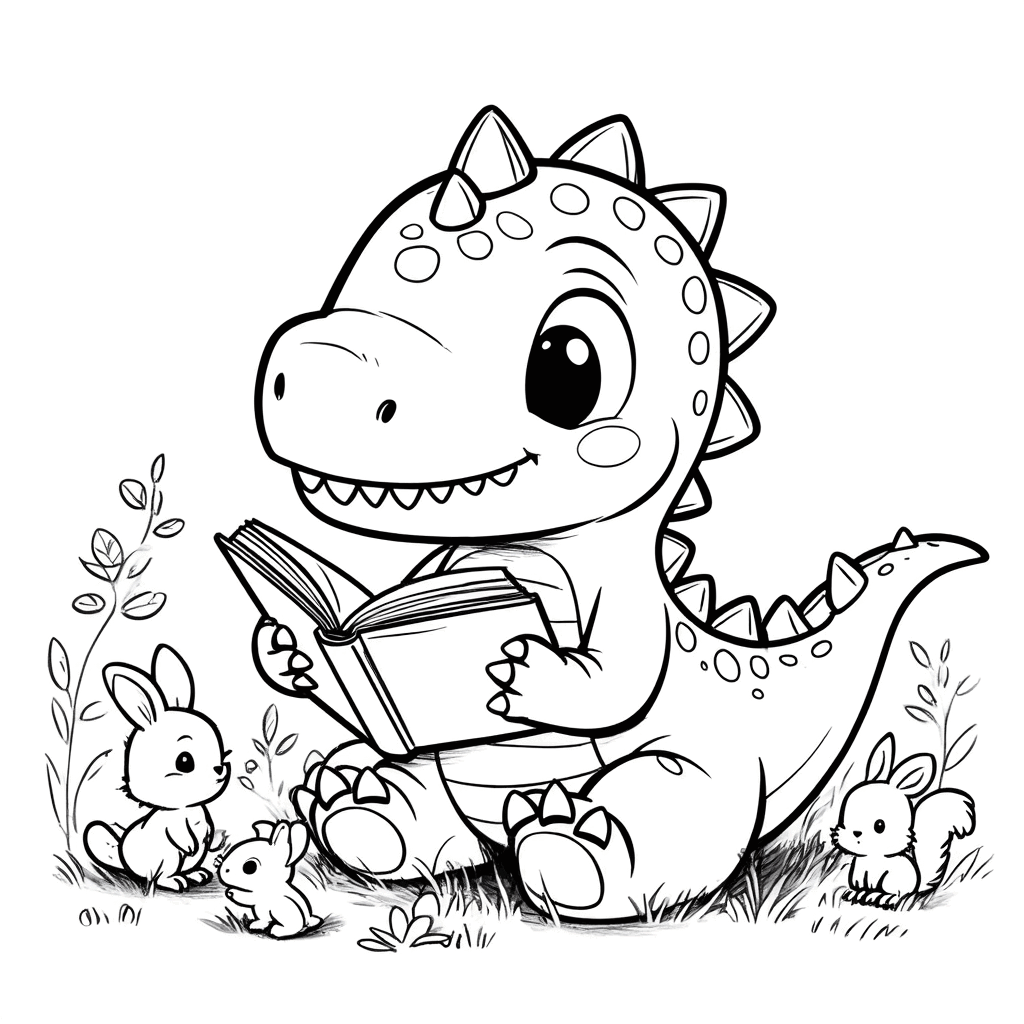 Pequeño dinosaurio sentado en la hierba leyendo un cuento a animalitos