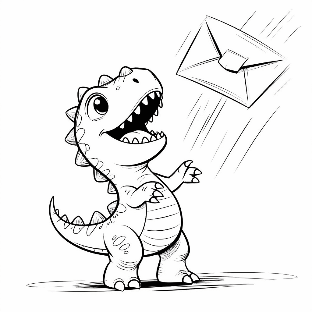 Un petit dinosaure se hisse sur la pointe des pieds pour attraper une enveloppe spatiale tombant du ciel
