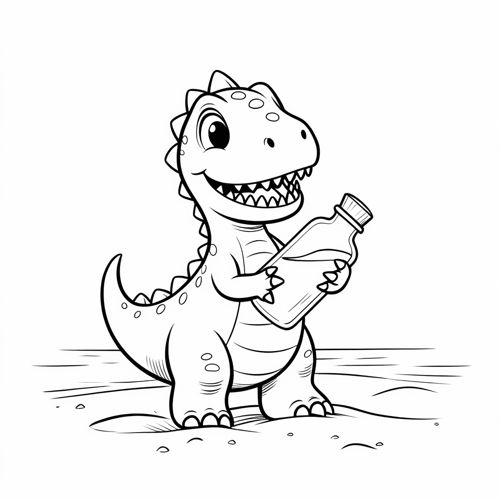 Динозаврик стоит на пляже, держа в лапках бутылку с посланием, и с любопытством наклоняет голову