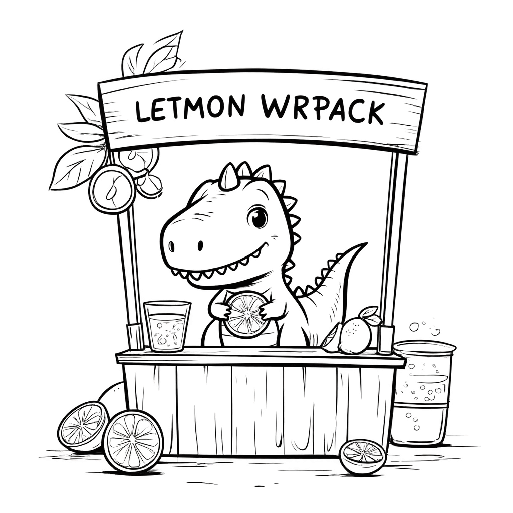小さな恐竜がレモネードスタンドの後ろに立ち、「レモネード」と書かれた看板を持ち、しっぽを上げている