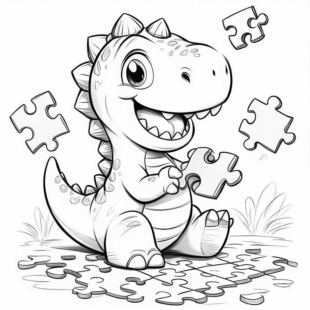 O dinossaurinho senta-se no chão, focado em montar um quebra-cabeça colorido, com a cauda felizmente erguida