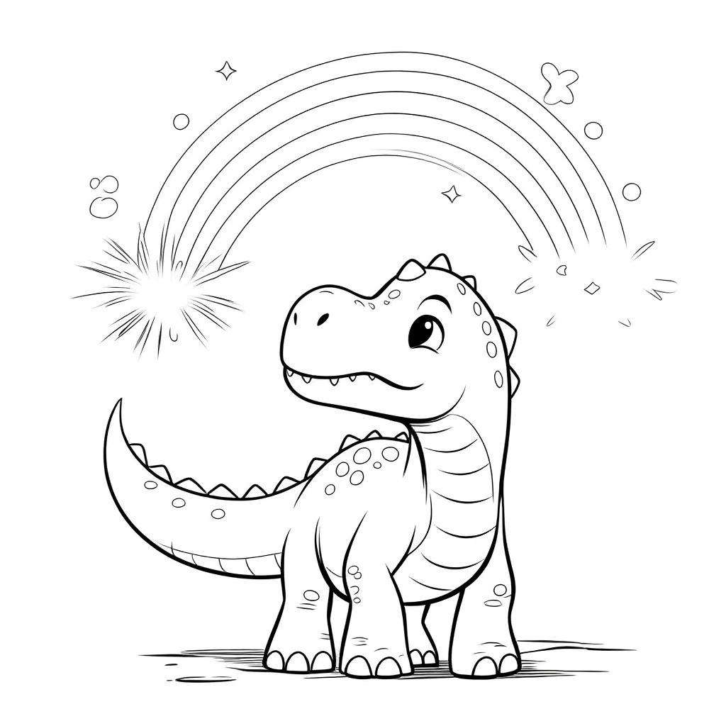 El dinosaurio de pie con la cabeza levantada, mirando con curiosidad un arcoíris de siete colores en el cielo, con la cola ligeramente levantada