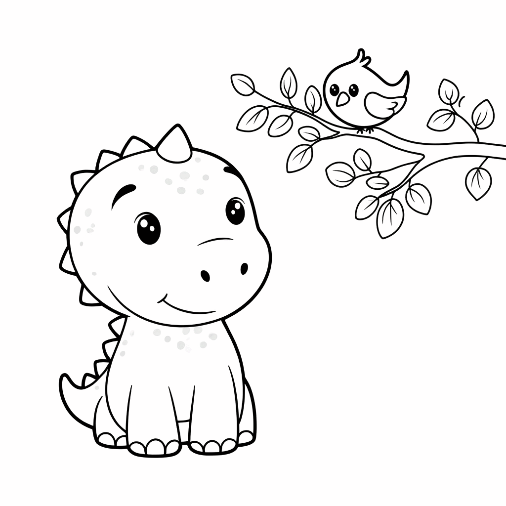 ديناصور صغير يرفع رأسه، ينظر بفضول إلى عصفور صغير يبني عشه على غصن شجرة