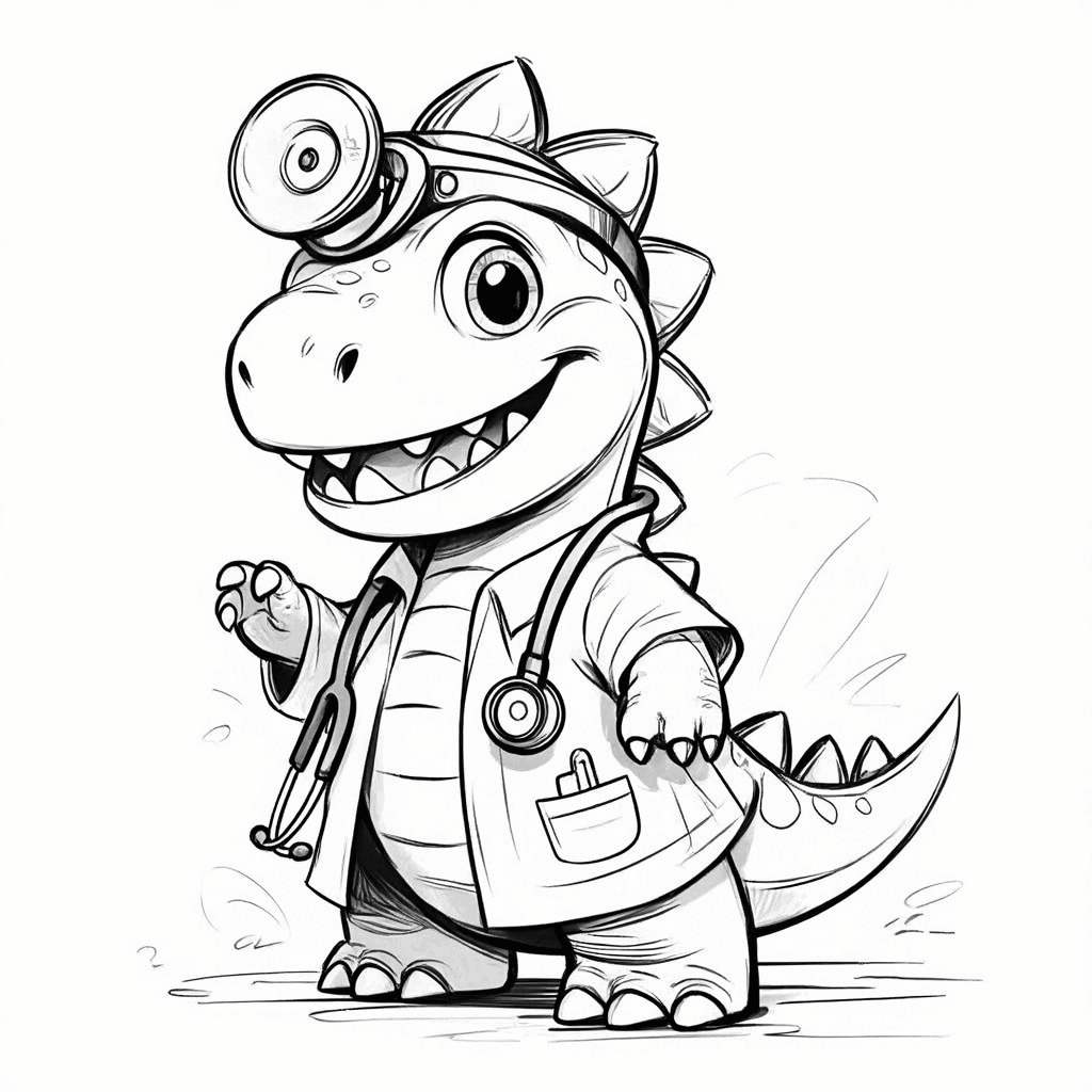 귀여운 작은 공룡이 흰 가운을 입고 목에 청진기를 걸고 기쁨에 겨워 작은 앞발을 들고 있다