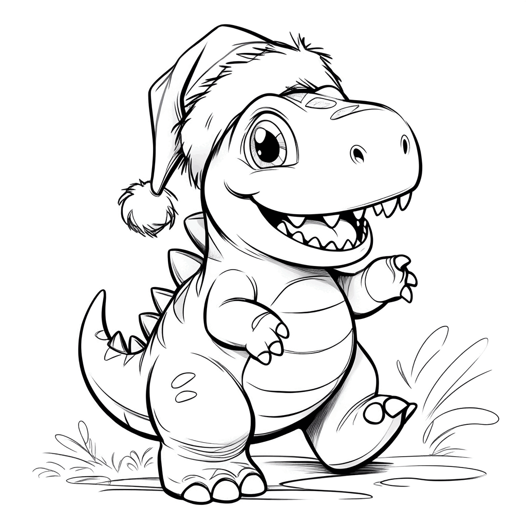 Un petit dinosaure portant un bonnet de Noël lève joyeusement ses pattes avant, la queue dressée