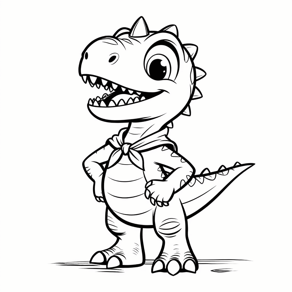 Ein kleiner Dinosaurier mit rotem Umhang steht selbstbewusst da, die Vorderpfoten in die Hüften gestemmt und ein zuversichtliches Lächeln im Gesicht