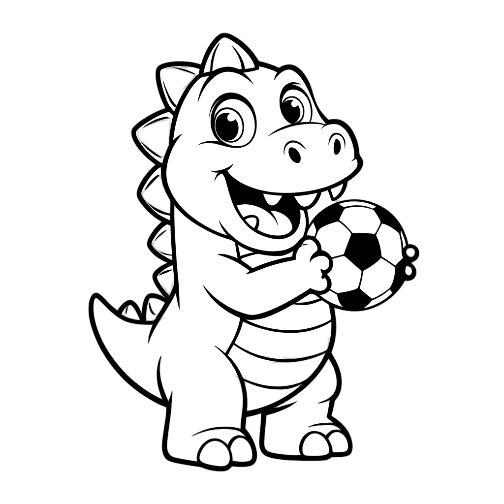 Кругленький динозаврик стоит на задних лапках, передними обнимает футбольный мяч, радостно улыбается