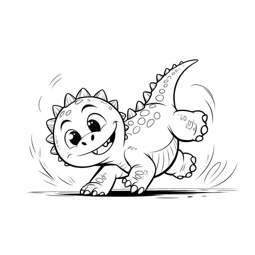 Un pequeño dinosaurio regordete haciendo una voltereta feliz, con las extremidades extendidas y la cola levantada