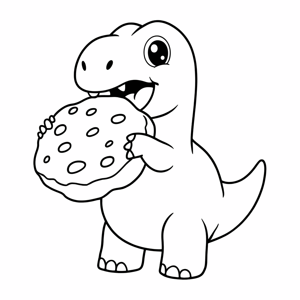 小さな恐竜が大きなクッキーを抱えて、嬉しそうにかじりついている