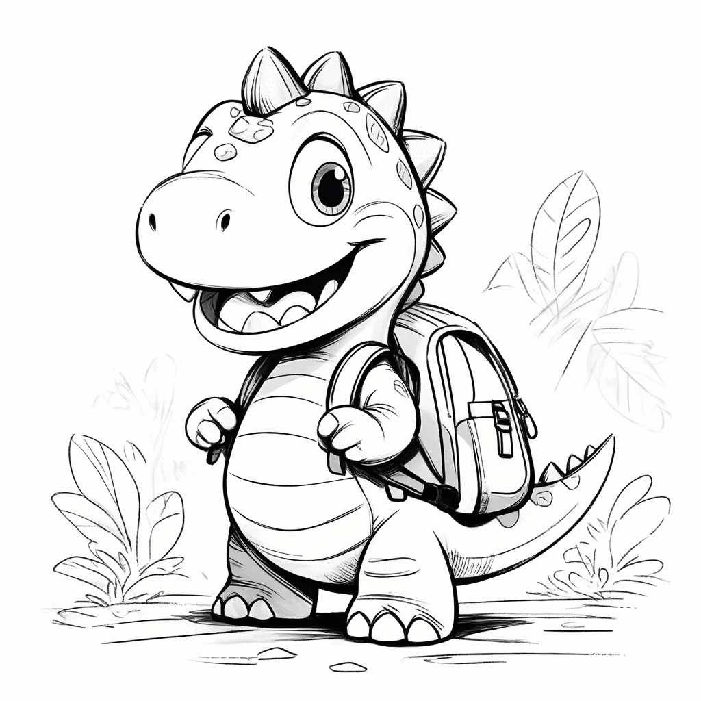 ランドセルを背負った小さな恐竜が、嬉しそうに学校へ行く準備をしている