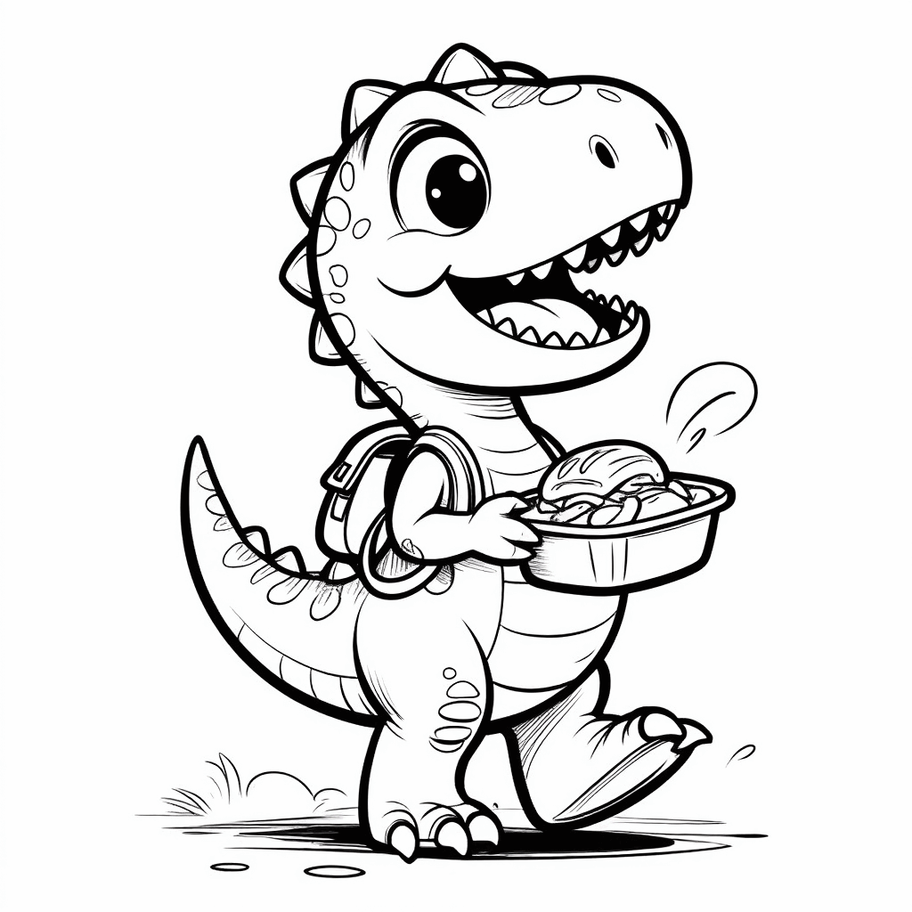 Seekor dinosaurus kecil membawa ransel di punggungnya, memegang kotak makan siang dengan riang melompat-lompat