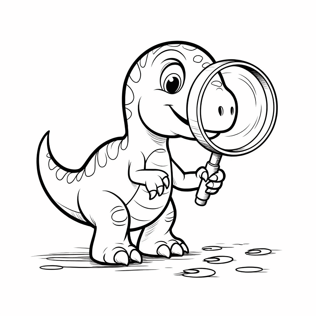 Un petit dinosaure tenant une loupe, examinant attentivement des empreintes au sol