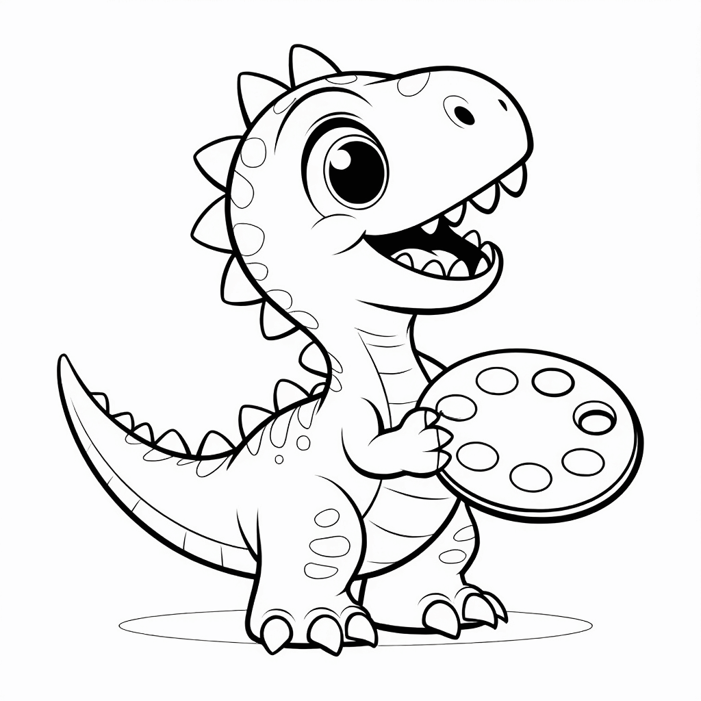 작은 공룡이 두 앞발로 팔레트를 잡고 꼬리를 들썩이며 기쁨에 겨워 활짝 웃고 있다