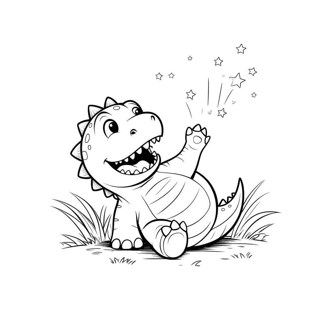 草原に仰向けになった恐竜が前足で頭を支え、嬉しそうに空の星を数えている