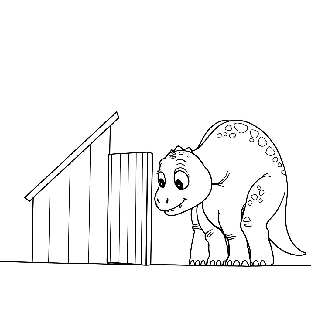 好奇心旺盛な小さな恐竜が腰をかがめ、ミニチュアの木の扉を見つけた