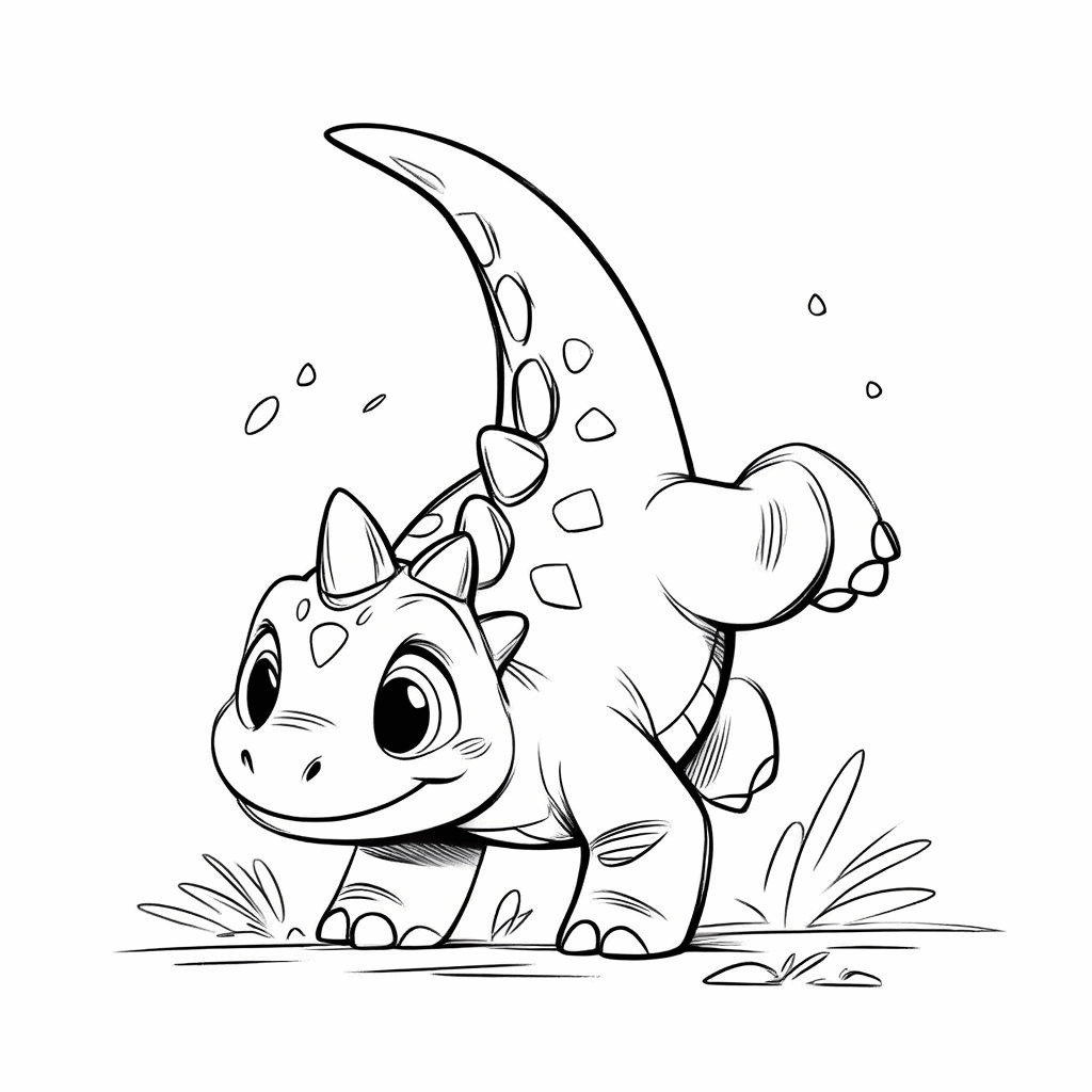 작은 공룡이 앞발로 땅을 짚고 물구나무서기를 하며, 꼬리를 위로 치켜들고 있다