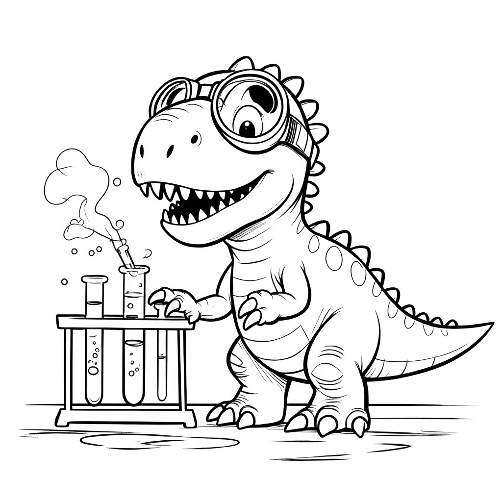 Der kleine Dinosaurier trägt eine Schutzbrille, steht am Experimentiertisch und führt mit Reagenzgläsern chemische Experimente durch