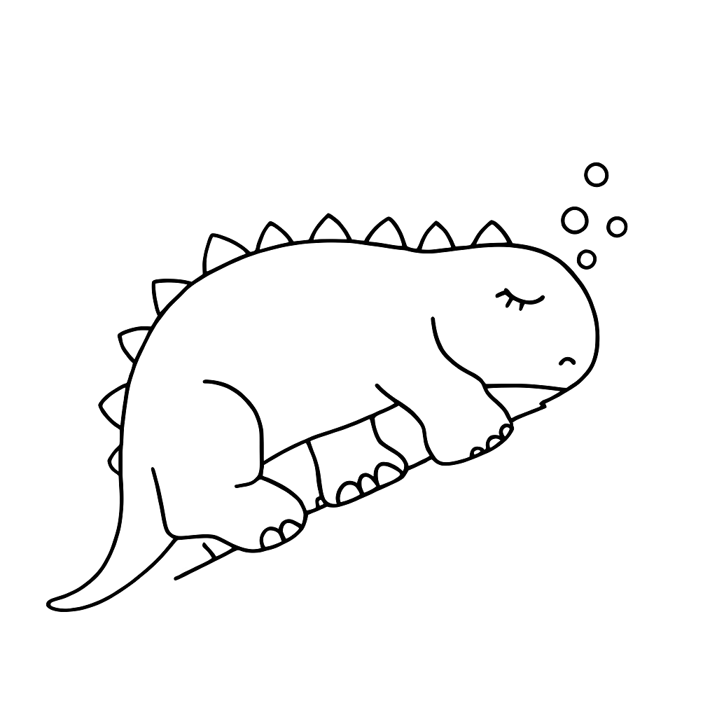 머리 위로 무지개 거품이 떠다니며 꼬리를 살짝 말고 잠든 작은 공룡